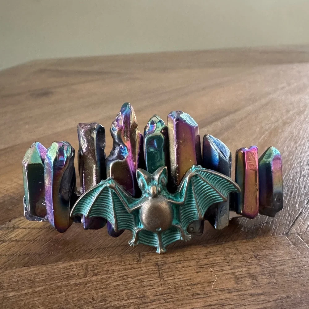Titanium Rainbow Aura Quartz with Patina Bat Handmade Hair Clip - Picture 4 of 5